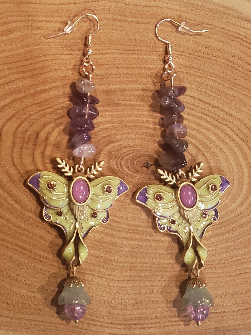 Cute Handmade Dangle Earrings With Pretty Green & Purple Moth Charms & Amethyst